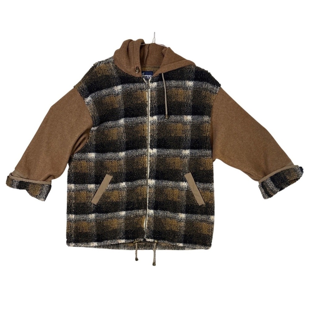 Innovations by Izzi Plaid Sherpa Hooded Jacket Brown Black Full Zip Mens Medium